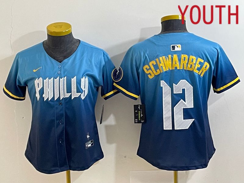 Youth Philadelphia Phillies 12 Schwarber Blue City Edition Nike 2024 MLB Jersey style 1